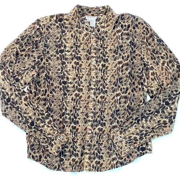 Allison Taylor silk blouse Womens Extra Large black brown animal print sheer - Picture 1 of 7
